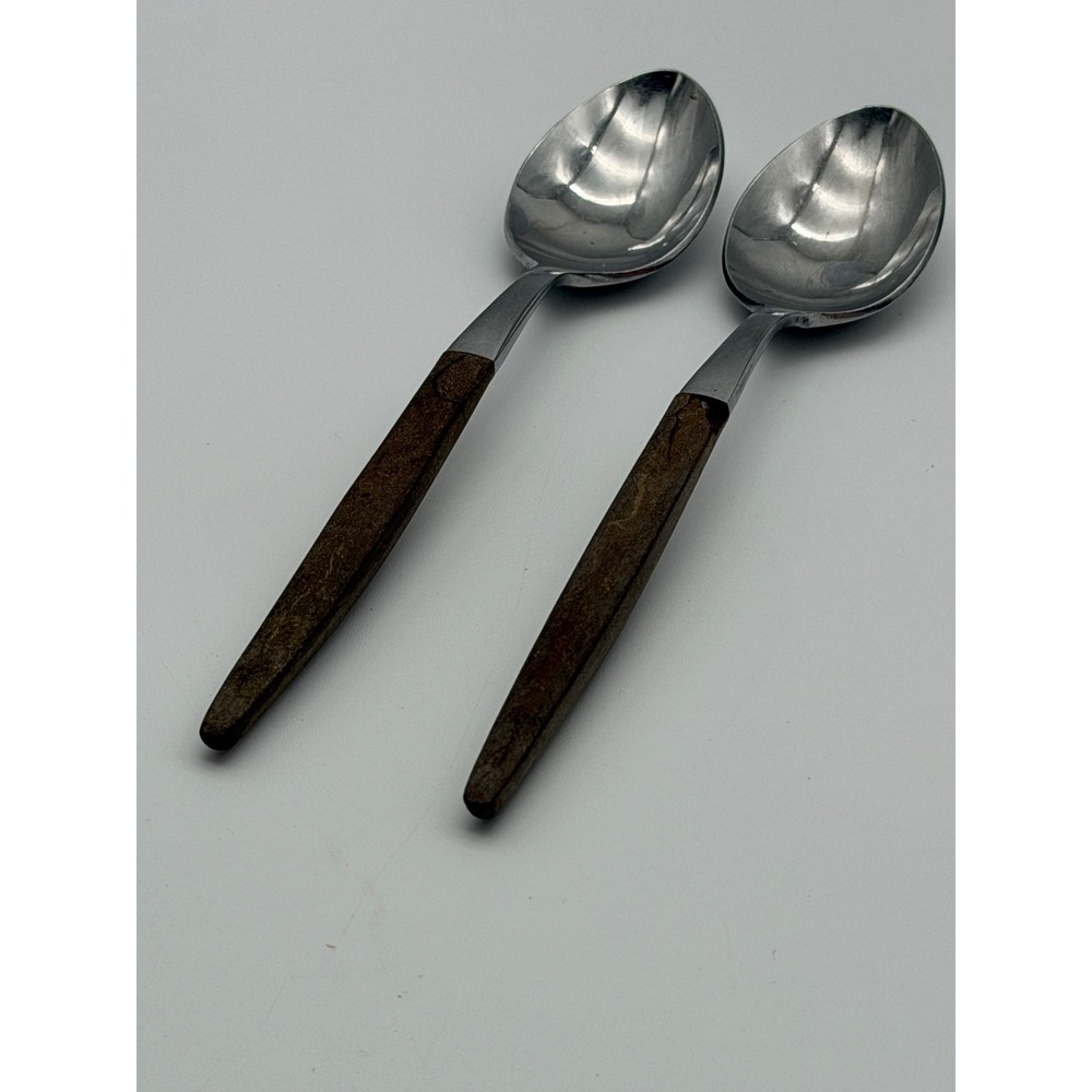 Pyramid Stainless Japan Faux Wood Handle Spoons Set‎ of 2 Mid-Century Modern MCM
